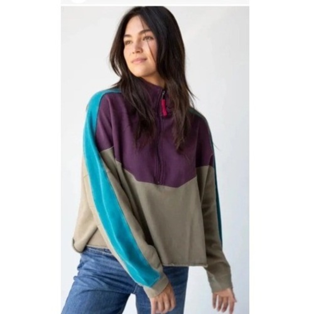 Colorblock Half-Zip Pullover Top - Purple, Teal & Olive